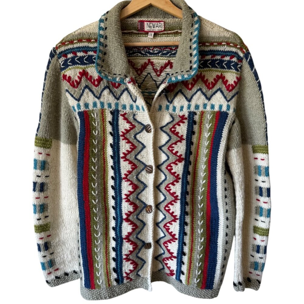 Vtg Newari Hand Knit Cardigan Sweater Sm/Md Wool Geometric Pattern Boho Ethnic